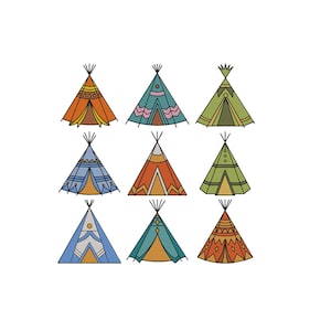 May include: Nine colorful teepee illustrations on a white background. Each teepee features a different color scheme, including orange, teal, green, and blue, with decorative patterns and details. The teepees are arranged in a grid.