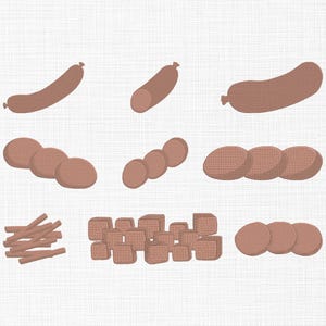 Broderidesign för salami, broderidesign för grillning, broderidesign för grillat kött, maskinbroderidesignfiler för korv, 6 storlekar