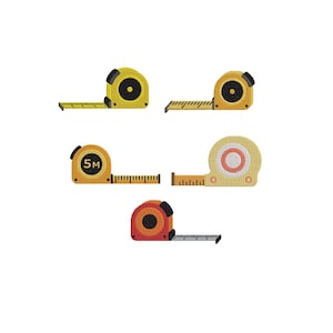 May include: Five embroidered patches shaped like measuring tapes in various colors including yellow, orange, and cream. Each patch features a retractable tape measure design with visible markings and a central circular housing unit.