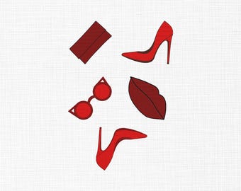 Borduurontwerp hakken, borduurwerk hoge hakken, hakken met tas en lippen, bril machineborduurwerk, schoenen borduren, meisjes borduurwerk, 6 maten