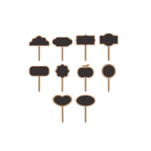 May include: A collection of eleven small, wooden garden markers in various shapes. Each marker has a dark chalkboard surface for writing and a natural wood border and stake. Shapes include clouds, ovals, and circles.