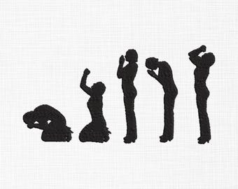 Bidden silhouet borduurontwerp, borduurwerk christelijk geloof, gebedsposities vrouwen, machineborduurbestanden voor islamitisch gebed, 6 maten