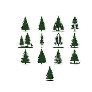 May include: A collection of dark green pine tree silhouettes in various shapes and sizes, set against a white background. The illustrations depict different styles of evergreen trees, suitable for design or crafting projects.