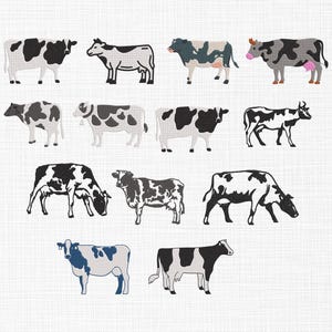Puede incluir: Una colección de diseños de vacas bordadas en varias poses y patrones. Las vacas son principalmente negras y blancas, con algunos detalles grises, azules y rosas. Los diseños están sobre un fondo blanco.