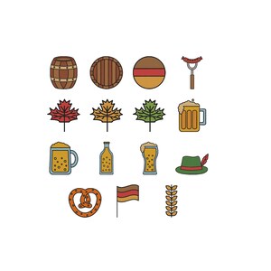 May include: A collection of icons featuring a brown barrel, a circular German flag, a sausage on a fork, three maple leaves in red, yellow, and green, a beer mug, a bottle, a glass of beer, a green hat with a feather, a pretzel, and wheat.