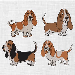 May include: Four cartoon basset hounds in various poses. The dogs have brown, black, and white markings with long ears and short legs. The background is a light, textured fabric.