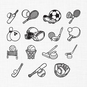 May include: Black and white line art illustrations of various sports equipment, including a cricket bat and ball, tennis racket and ball, soccer ball and cleats, badminton racket and shuttlecock, bowling pins and ball, football and helmet.