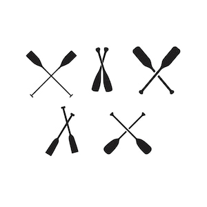 Puede incluir: Gráfico en blanco y negro que muestra cinco pares de remos cruzados. Los remos están dispuestos en diferentes configuraciones, con las palas orientadas en varias direcciones. El diseño es simple y minimalista, adecuado para temas náuticos o al aire libre.