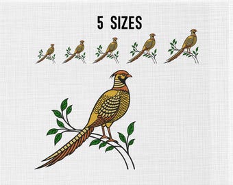 Fazant vogel op takje borduurontwerp, bosvogels borduurwerk, wilde vogels borduurwerk, fazant machine borduurwerk ontwerpbestanden, 5 maten