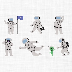 Pode incluir: Ilustrações de astronautas de desenho animado em trajes espaciais brancos com detalhes em preto. Um astronauta segura uma bandeira com um desenho de planeta, outro carrega uma maleta e um interage com um alienígena verde. Fundo branco.