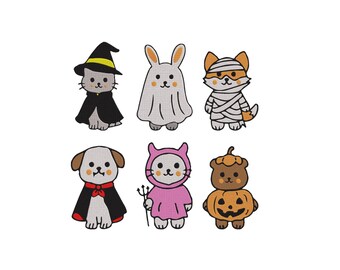 Animals in Halloween costumes Machinje Embroidery, Ghost rabbit, mummy fox,black cat dressed as a witch,Dog  vampire cape Files, 6 Sizes