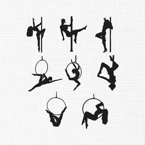 Può includere: Illustrazioni di silhouette nere di varie pose di pole dance e cerchio aereo. Le immagini raffigurano figure in posizioni dinamiche, mostrando la grazia e l'atletismo degli artisti. La collezione include più pose su pali e cerchi.