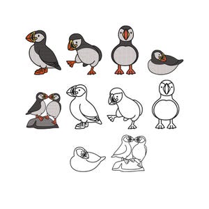 Könnte beinhalten: Eine Sammlung von Puffin-Illustrationen in verschiedenen Posen. Einige Papageientaucher sind in Schwarz, Grau, Orange und Weiß gefärbt, während andere nur schwarz umrandet sind. Die Papageientaucher stehen, gehen und ruhen sich aus.
