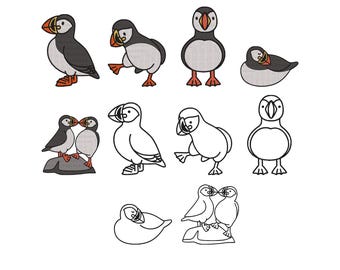 Atlantische papegaaiduiker vogel borduurwerk ontwerpen, schattige papegaaiduiker stoffen borduurwerk, zeevogels borduurwerk, papegaaiduiker bundel machineborduurbestanden, 6 maten