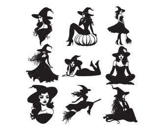 Witch Silhouette Embroidery, Spooky Halloween, Witch lying on a broomstick, sitting on a pumpkin, and wearing pointed hats Files, 5 Sizes