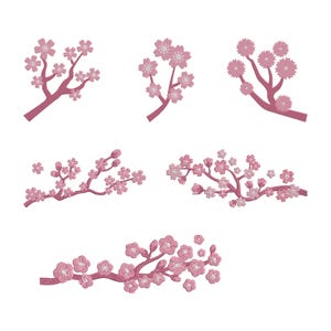 May include: A collection of six pink cherry blossom branch designs. Each branch features delicate pink flowers and varying arrangements, perfect for embroidery or crafting projects. The branches are in different orientations.