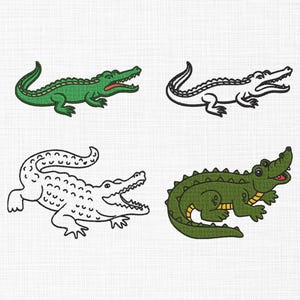May include: Four cartoon illustrations of alligators. Two are green with open mouths, one with red details. The other two are black and white line drawings, also with open mouths. Alligators are on a white background.