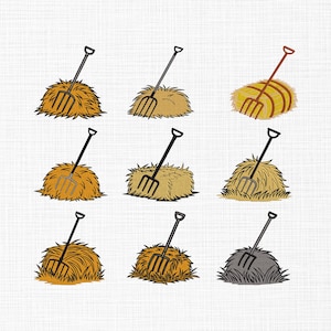 May include: Nine illustrations of hay bales with pitchforks. The hay bales are in various shades of yellow, brown, and gray. The pitchforks have black or brown handles and silver or gold tines. The image has a simple, cartoon-like style.