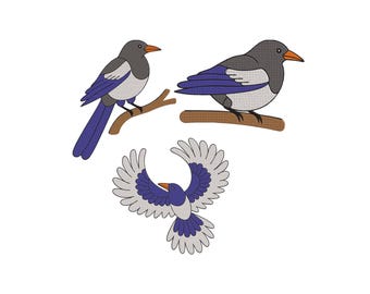 Blue Magpie Bird Embroidery Design, Magpies Set Embroidery Design, Magpie Flying Embroidery, Machine Embroidery Design Files, 5 Sizes