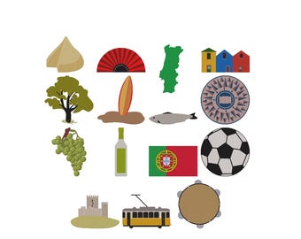 Portugal Cultural Symbols Embroidery, National Flag, traditional architecture, food items like grapes and a fish, and soccer ball, 6,5 Sizes