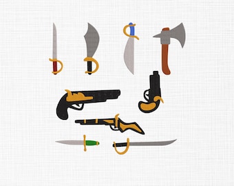Pirate Weapon Bundle Embroidery Design, Swords Weapon Embroidery Design, Pirate Machine Embroidery Design Files, 6 Sizes