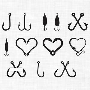 May include: A collection of black fishing hooks and lures in various designs. The image includes single hooks, double hooks, and lures with different shapes, including a heart shape, all against a white background.