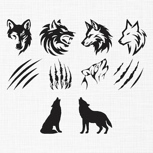 May include: A set of black wolf-themed graphics. The designs include wolf head profiles, howling wolves, claw marks, and a wolf's paw print. The illustrations are set against a white background, suitable for various design projects.