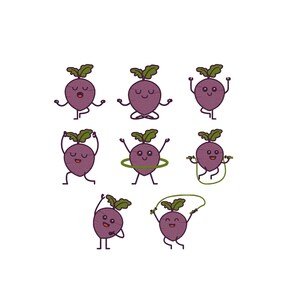 May include: A collection of cartoon beets in various poses, including yoga, jumping rope, and hula hooping. The beets are purple with green leafy tops and smiling faces, set against a white background.
