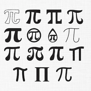 May include: A collection of black Pi symbols in various styles, arranged on a white background. The symbols include different fonts and designs, such as outlined, bold, and enclosed within shapes. The image is suitable for math or design-related products.