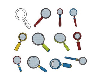 Vergrootglasbundel borduurontwerp, detectivevergrootglas, zoektool machineborduurontwerp, tool spiondetective, 6 maten