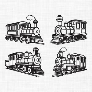 May include: Four black and white illustrations of vintage steam trains. Each train features a locomotive and a passenger car, with details like wheels, smokestacks, and cowcatchers. The trains are depicted on tracks, with one emitting a puff of smoke.