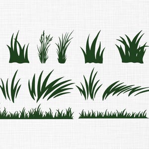 May include: A collection of dark green grass illustrations in various styles. The image features several different grass clumps, blades, and borders, all in a simple, silhouette design. The background is a textured, off-white color.