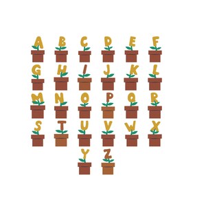 Englisches Alphabet Buchstaben Stickerei Design, grüne Blattpflanzen wachsen in braunen Töpfen, Maschinenstickerei, Kinder Design, 6 Größen