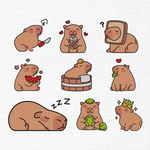 Op de afbeelding: Een verzameling van negen cartoon illustraties van capibara's in verschillende poses. Eén capibara houdt een mes vast, een ander drinkt een drankje en een ander heeft een sneetje brood op zijn hoofd. Andere capibara's eten watermeloen, ontspannen in een bad en dragen een kroon.