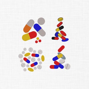 May include: An illustration of various pills and capsules in different arrangements. The pills are in various colors, including red, yellow, blue, orange, and gray. The background is a textured white.