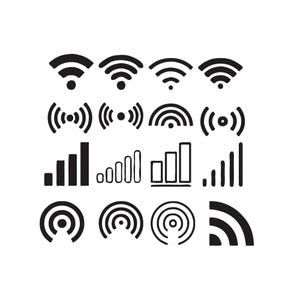 Könnte beinhalten: Eine Sammlung von schwarz-weißen WLAN-Signal-Symbolen. Die Icons zeigen gebogene Linien, konzentrische Kreise und Balkendiagramme, die alle drahtlose Konnektivität und Signalstärke darstellen. Geeignet für digitales Design.