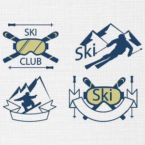 May include: Four navy blue and gold ski-themed logos. One logo features crossed skis and goggles with the text "SKI CLUB". Another shows a skier on a mountain. The third shows a snowboarder. The last logo has skis, goggles, and a banner.