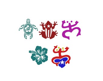 Puerto Rico Themed digital crafts Embroidery Design, Coqui frog, the Puerto Rican flag, and a sea turtle with a hibiscus flower, 6 Sizes