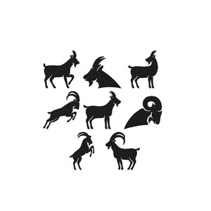 May include: A collection of black goat silhouettes in various poses and angles. The designs include full body views, side profiles, and a head-and-horn detail, all set against a clean white background. These illustrations are suitable for graphic design projects.