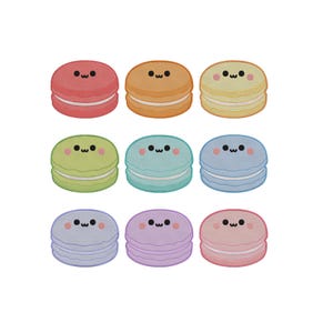 Peut inclure: Neuf macarons colorés avec des visages souriants sur fond blanc. Les macarons sont de différentes couleurs, dont le rouge, l'orange, le jaune, le vert, le bleu, le violet et le rose. Chaque macaron a une garniture blanche.