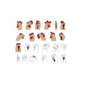 May include: A series of cartoon rooster heads displaying different emotions. Some are coloured with tan bodies and red combs, while others are in black and white outline. The expressions vary from cheerful to shocked.