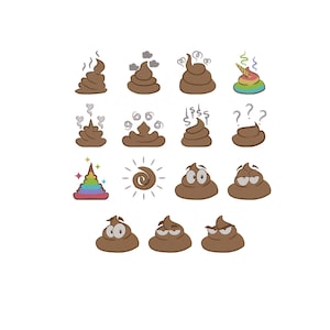 May include: A selection of cartoon poo emojis in various styles. Some have steam, question marks, or a rainbow unicorn horn. Others have different facial expressions, including surprised, angry, and confused.