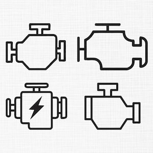 May include: Four black line art illustrations of car engines. The designs are simple and geometric, with variations in shape and detail. One engine features a lightning bolt symbol.