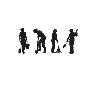 May include: Silhouette graphic of four people gardening. One holds a shovel and bucket, another uses a shovel, a third uses a rake, and the last holds a shovel. All are wearing hats.