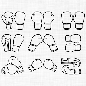 May include: A collection of nine black and white boxing glove illustrations. The gloves are depicted in various arrangements, including pairs facing each other, side views, and individual gloves. The design is simple, with clean lines and a focus on the glove's shape.