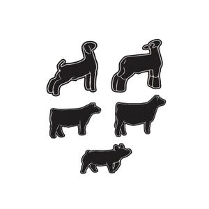 Op de afbeelding: Een set van vijf zwarte silhouetvormen die boerderijdieren voorstellen, waaronder twee geiten, twee koeien en een varken. Elke figuur heeft een strakke witte omlijning en een getextureerd oppervlak, gerangschikt in een groep op een witte achtergrond.