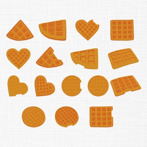 May include: A selection of golden-brown waffles in diverse shapes, such as triangles, hearts, squares, and circles. Some waffles have a bite taken out, highlighting their texture and design. The waffles are set against a white backdrop.