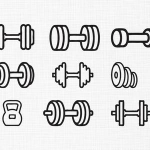 May include: A collection of nine black and white dumbbell and kettlebell illustrations. The dumbbells vary in shape and size, with some featuring circular weights and others with rectangular or stacked designs. The kettlebell has a handle.