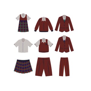Peut inclure: Ensemble de vêtements d'uniforme scolaire, comprenant une robe à carreaux, une chemise blanche à col, un gilet bordeaux, un blazer bordeaux, un short et un pantalon. Les uniformes sont dans les tons de bordeaux, vert et bleu.