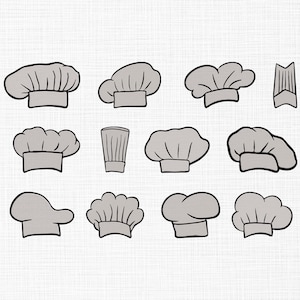 May include: A collection of twelve gray chef hats in various styles, outlined in black. The hats include the classic toque, a cylindrical hat, and other unique designs. The image is on a white background.
